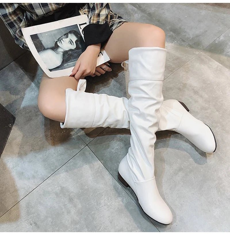 2023Shoes For Women Knee High Boots Red Black White Tall Boots Woman Pleated Low Heel Casual Leather Female Long Shoes - The Shack