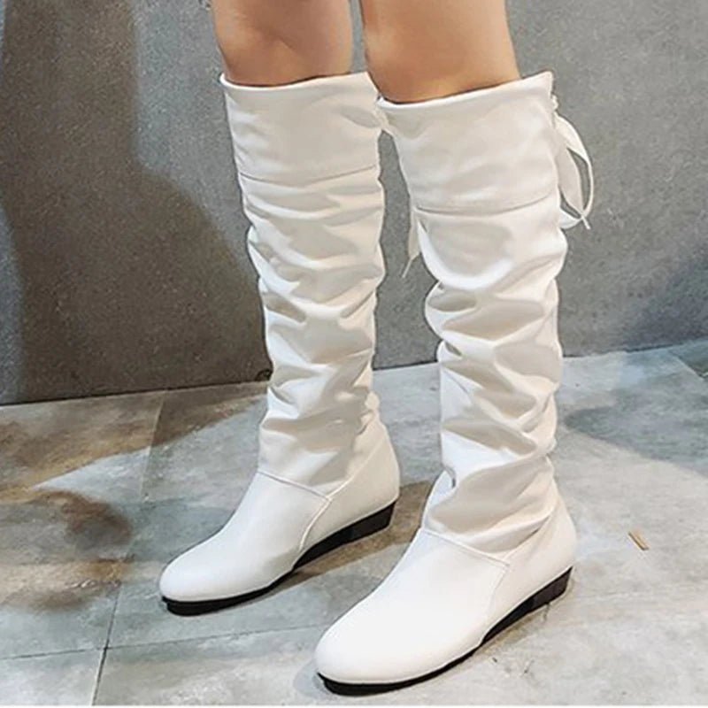 2023Shoes For Women Knee High Boots Red Black White Tall Boots Woman Pleated Low Heel Casual Leather Female Long Shoes - The Shack