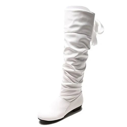 2023Shoes For Women Knee High Boots Red Black White Tall Boots Woman Pleated Low Heel Casual Leather Female Long Shoes - The Shack