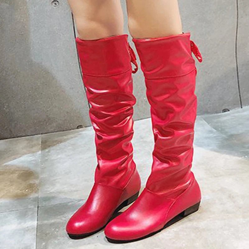 2023Shoes For Women Knee High Boots Red Black White Tall Boots Woman Pleated Low Heel Casual Leather Female Long Shoes - The Shack