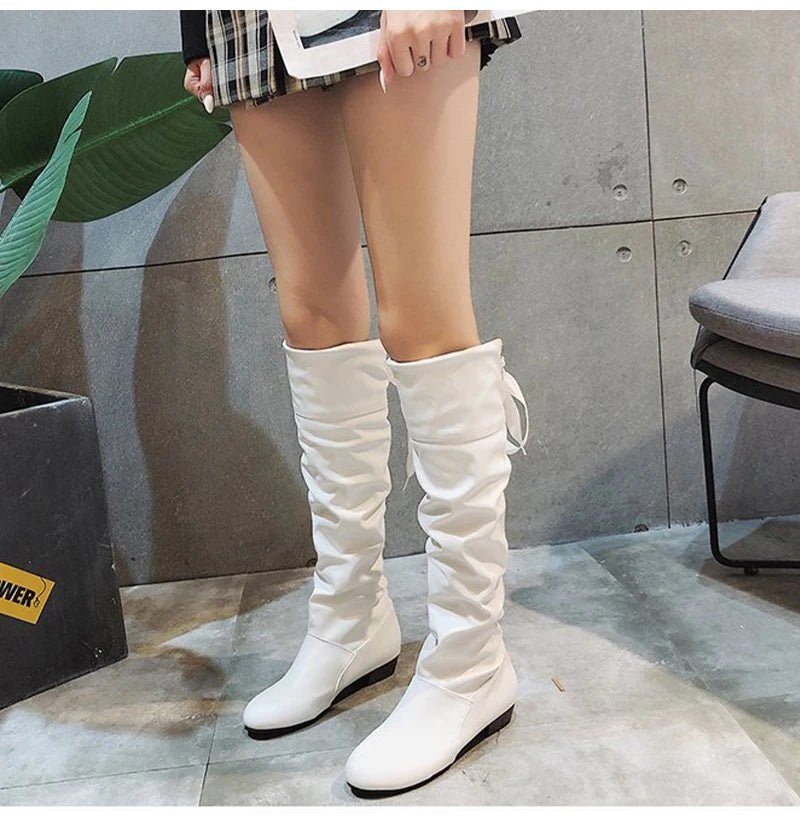 2023Shoes For Women Knee High Boots Red Black White Tall Boots Woman Pleated Low Heel Casual Leather Female Long Shoes - The Shack