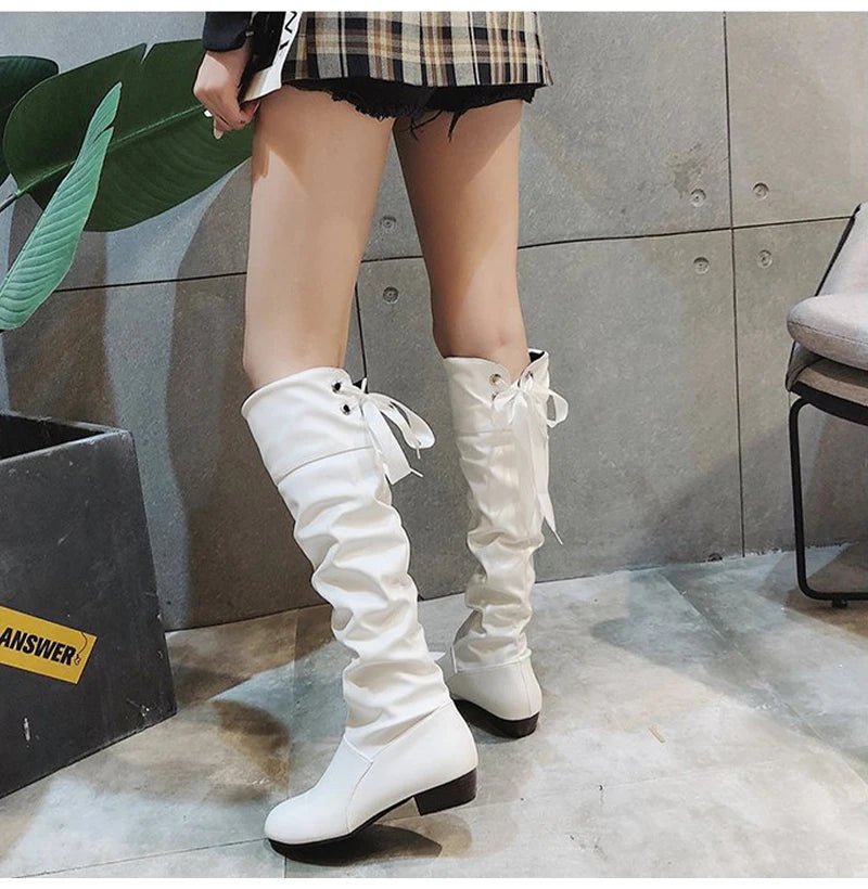 2023Shoes For Women Knee High Boots Red Black White Tall Boots Woman Pleated Low Heel Casual Leather Female Long Shoes - The Shack