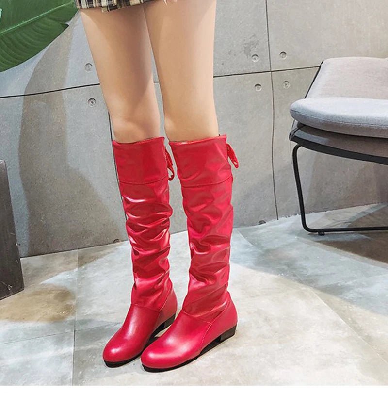 2023Shoes For Women Knee High Boots Red Black White Tall Boots Woman Pleated Low Heel Casual Leather Female Long Shoes - The Shack