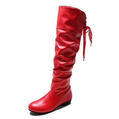 2023Shoes For Women Knee High Boots Red Black White Tall Boots Woman Pleated Low Heel Casual Leather Female Long Shoes - The Shack