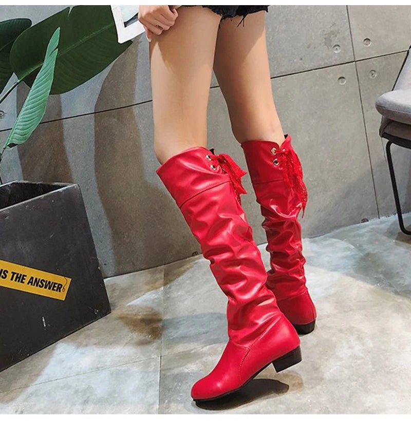 2023Shoes For Women Knee High Boots Red Black White Tall Boots Woman Pleated Low Heel Casual Leather Female Long Shoes - The Shack