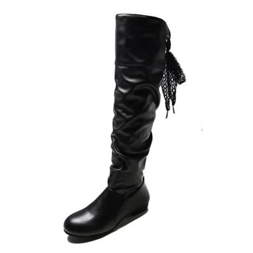 2023Shoes For Women Knee High Boots Red Black White Tall Boots Woman Pleated Low Heel Casual Leather Female Long Shoes - The Shack