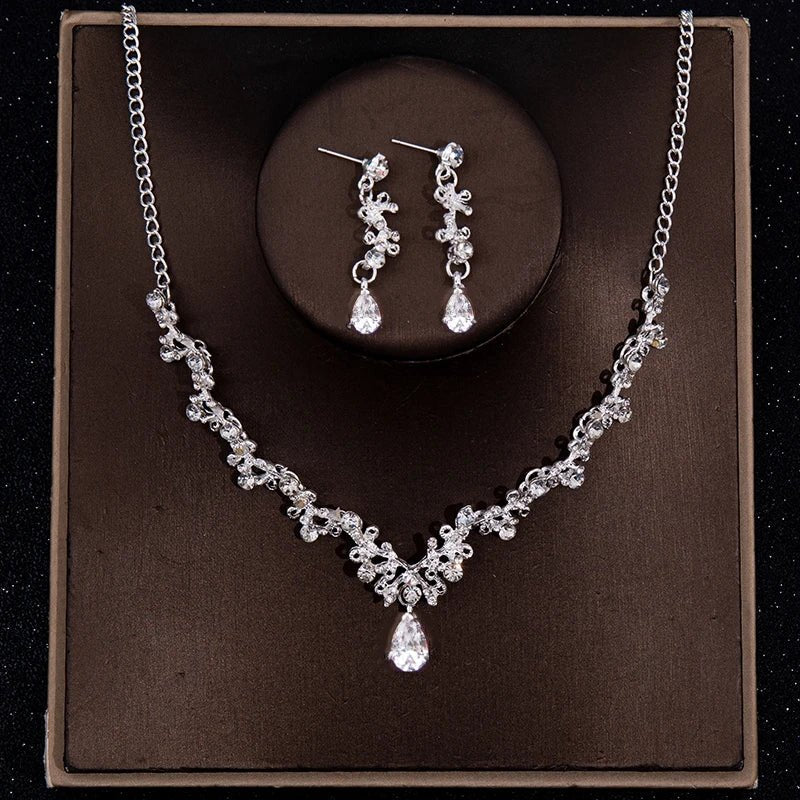 3 Pcs Luxury Silver Color Crystal Water Drop Bridal Jewelry Set Rhinestone Tiara Crown Necklace Earring Set Bridal Wedding Jewel - The Shack