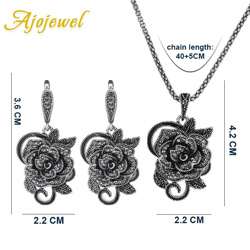 Ajojewel Black Crystal Rhinestone Rose Flower Jewelry Sets For Women Luxury Vintage Necklace Ring Earrings Set Creative Gift - The Shack