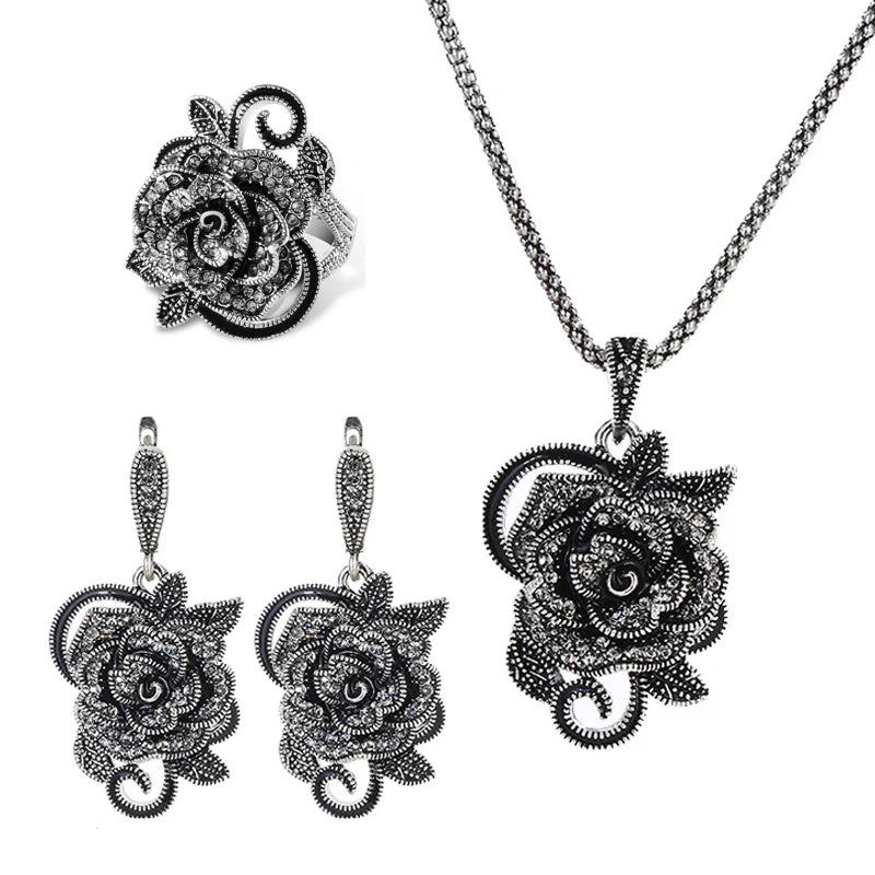 Ajojewel Black Crystal Rhinestone Rose Flower Jewelry Sets For Women Luxury Vintage Necklace Ring Earrings Set Creative Gift - The Shack