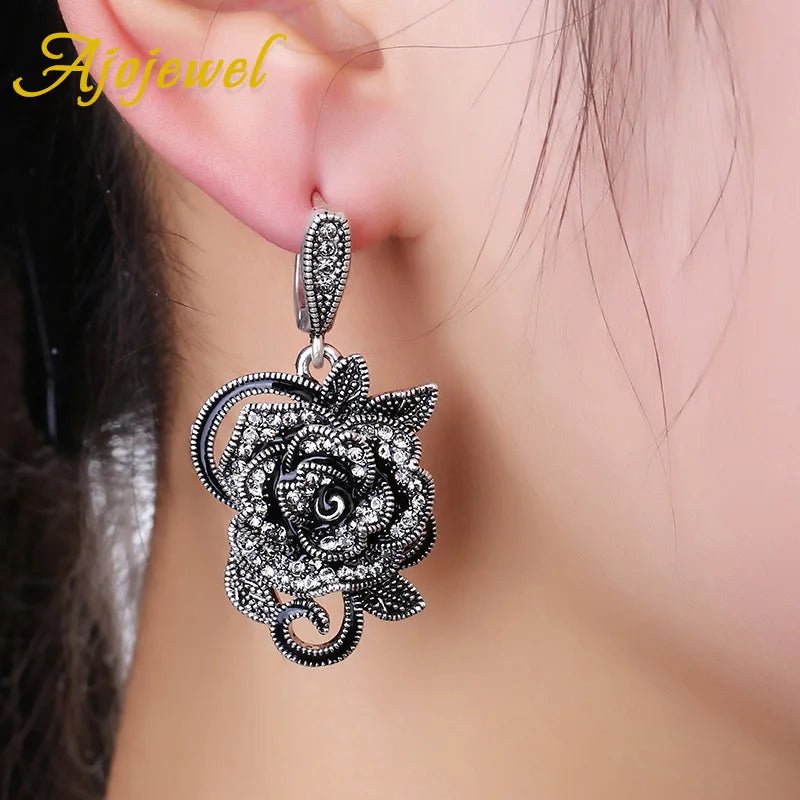 Ajojewel Black Crystal Rhinestone Rose Flower Jewelry Sets For Women Luxury Vintage Necklace Ring Earrings Set Creative Gift - The Shack