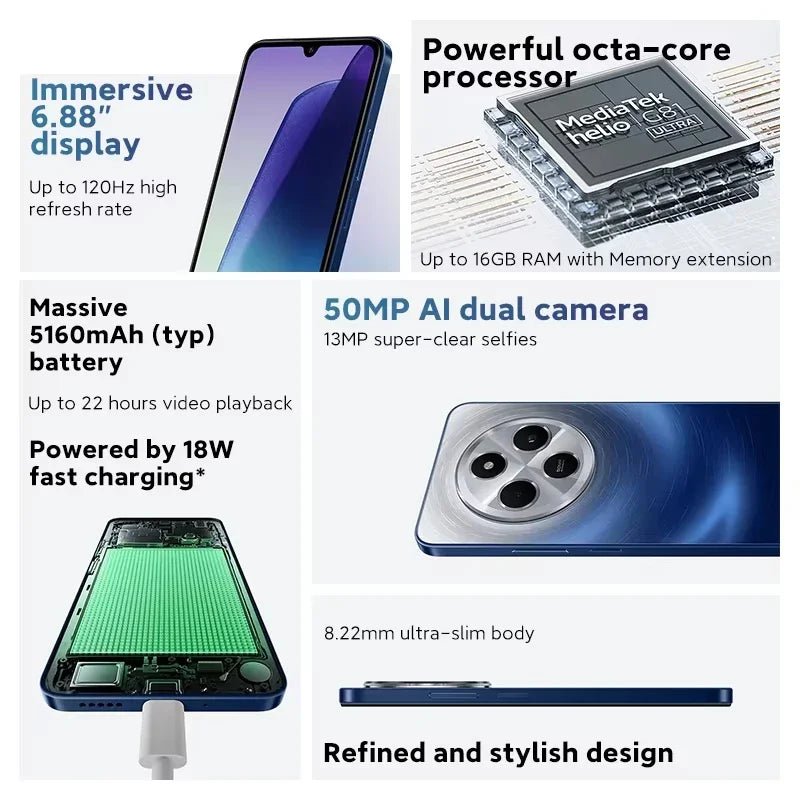 Global Version Xiaomi Redmi 14C Smartphone MediaTek Helio G81 - Ultra 50MP AI Dual camera 6.88" 120Hz Display HyperOS 5160mAh - The Shack