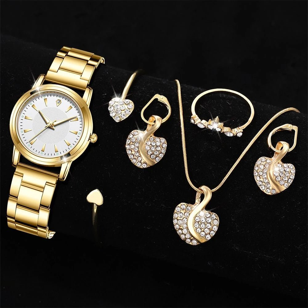 Women's Quartz Watch Gold Luxury Women Ring Necklace Earring Rhinestone Fashion Wristwatch Casual Ladies Watches Jewelry Set - The Shack