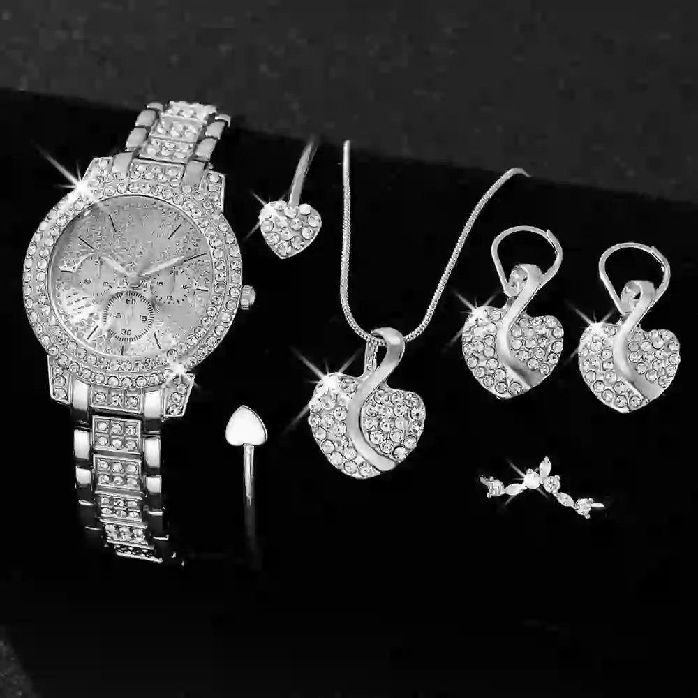 Women's Quartz Watch Gold Luxury Women Ring Necklace Earring Rhinestone Fashion Wristwatch Casual Ladies Watches Jewelry Set - The Shack
