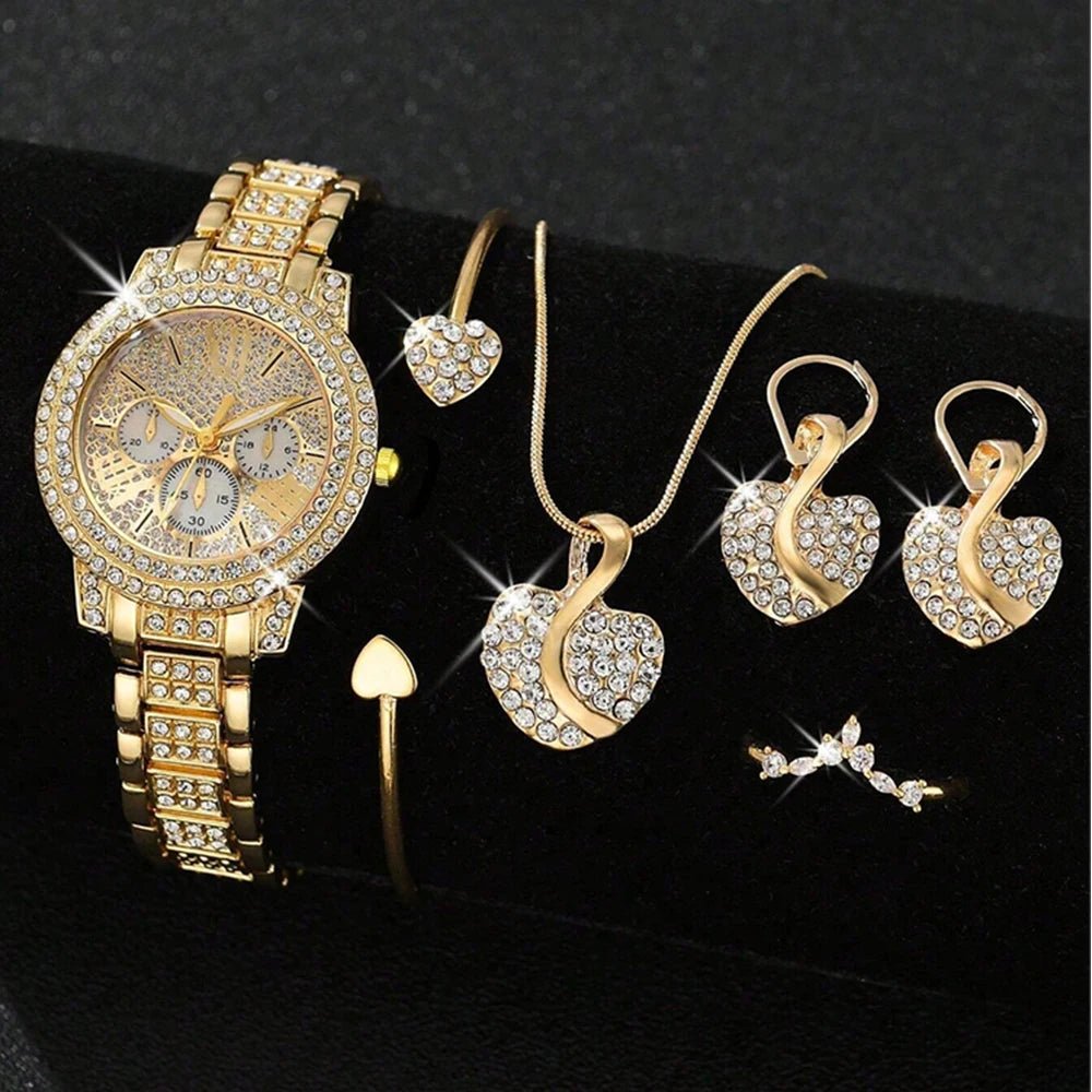 Women's Quartz Watch Gold Luxury Women Ring Necklace Earring Rhinestone Fashion Wristwatch Casual Ladies Watches Jewelry Set - The Shack