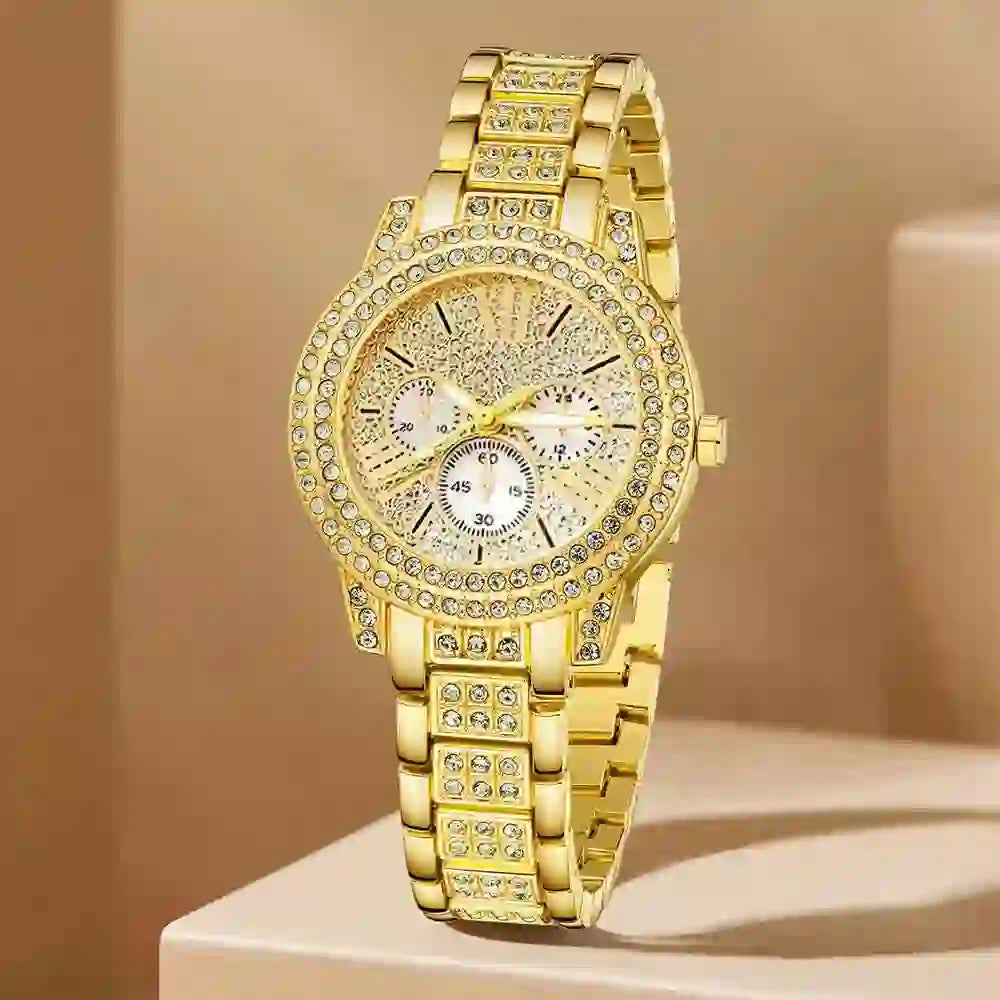 Women's Quartz Watch Gold Luxury Women Ring Necklace Earring Rhinestone Fashion Wristwatch Casual Ladies Watches Jewelry Set - The Shack