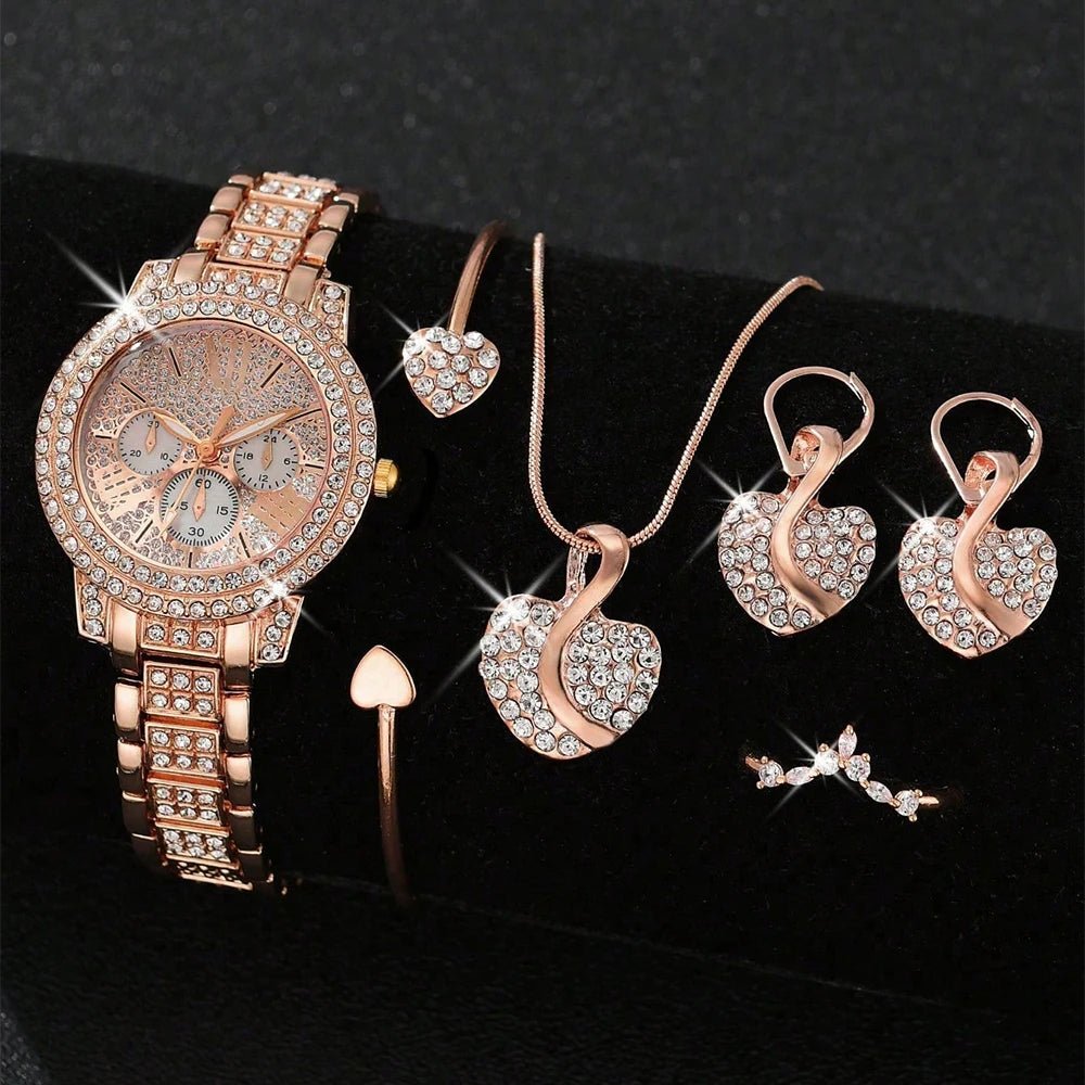 Women's Quartz Watch Gold Luxury Women Ring Necklace Earring Rhinestone Fashion Wristwatch Casual Ladies Watches Jewelry Set - The Shack