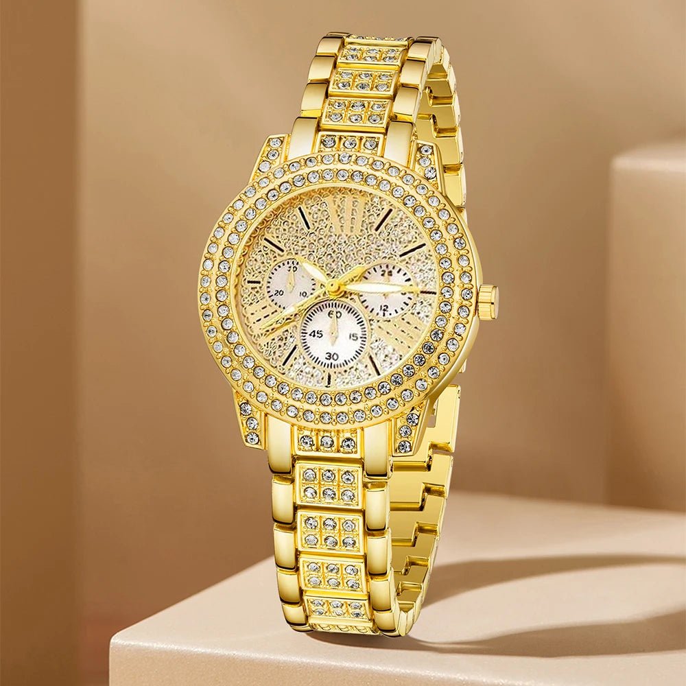 Women's Quartz Watch Gold Luxury Women Ring Necklace Earring Rhinestone Fashion Wristwatch Casual Ladies Watches Jewelry Set - The Shack