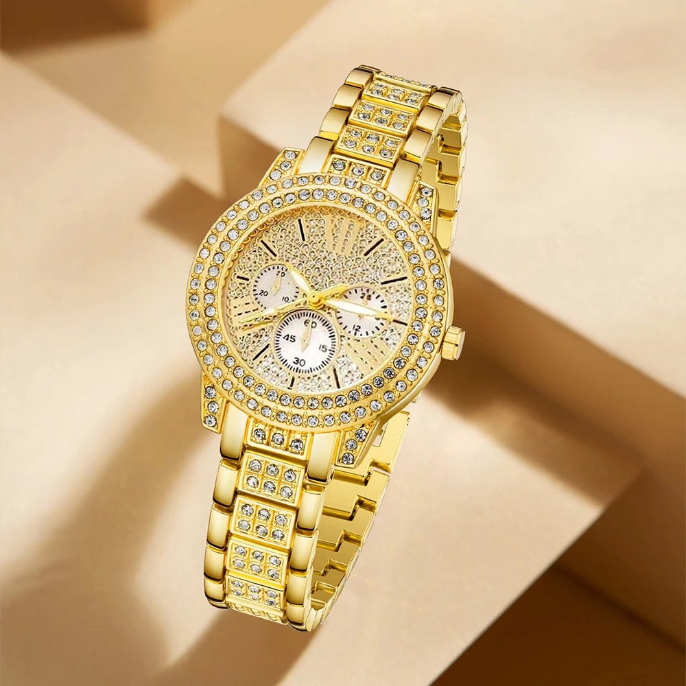 Women's Quartz Watch Gold Luxury Women Ring Necklace Earring Rhinestone Fashion Wristwatch Casual Ladies Watches Jewelry Set - The Shack