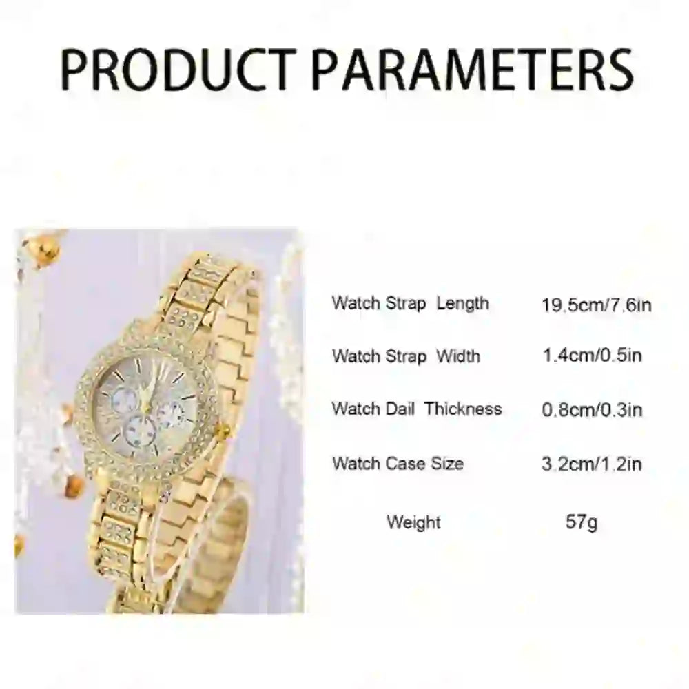 Women's Quartz Watch Gold Luxury Women Ring Necklace Earring Rhinestone Fashion Wristwatch Casual Ladies Watches Jewelry Set - The Shack