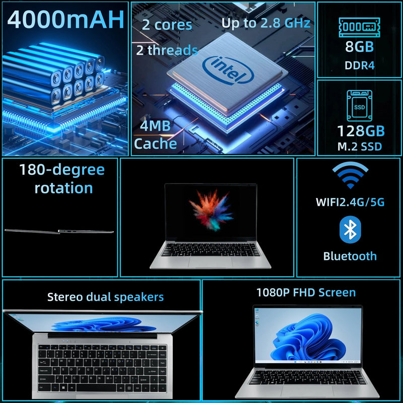 14 Inch Business Laptop Intel N4500 8GB DDR4 128GB SSD Windows 11 Slim Lightweight Durable Office Notebook - The Shack