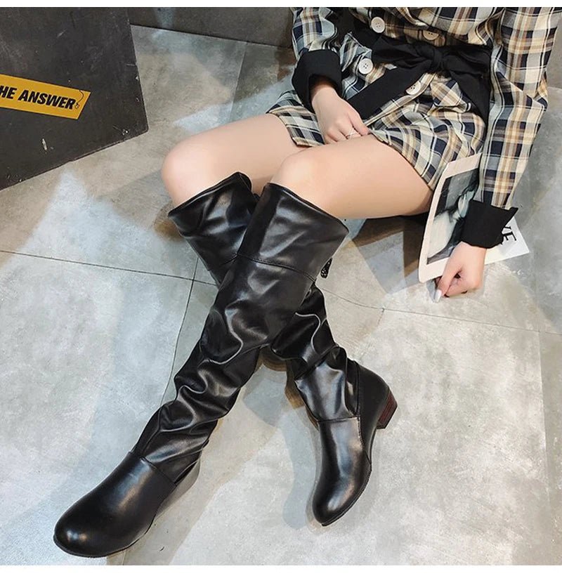 2023Shoes For Women Knee High Boots Red Black White Tall Boots Woman Pleated Low Heel Casual Leather Female Long Shoes - The Shack