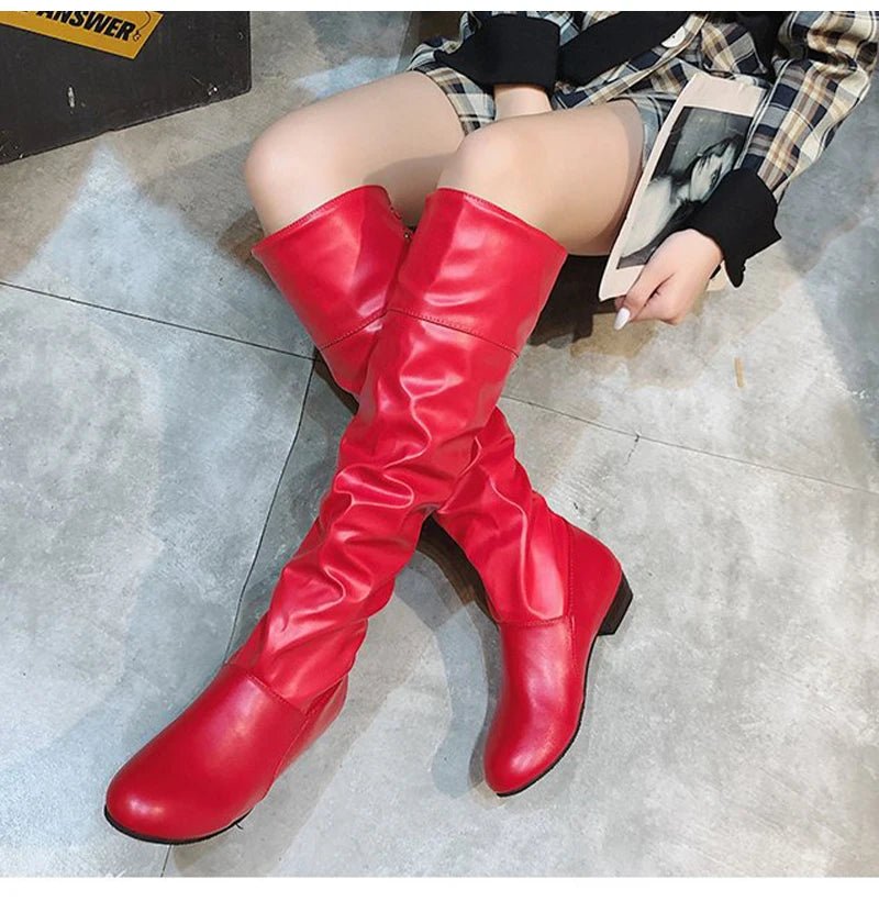 2023Shoes For Women Knee High Boots Red Black White Tall Boots Woman Pleated Low Heel Casual Leather Female Long Shoes - The Shack