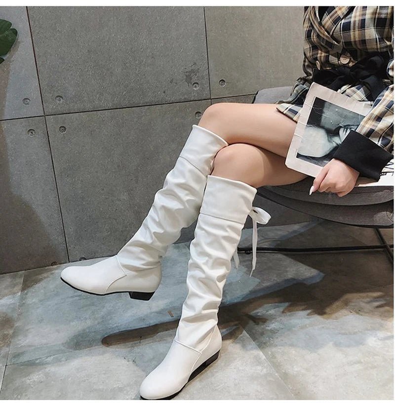 2023Shoes For Women Knee High Boots Red Black White Tall Boots Woman Pleated Low Heel Casual Leather Female Long Shoes - The Shack
