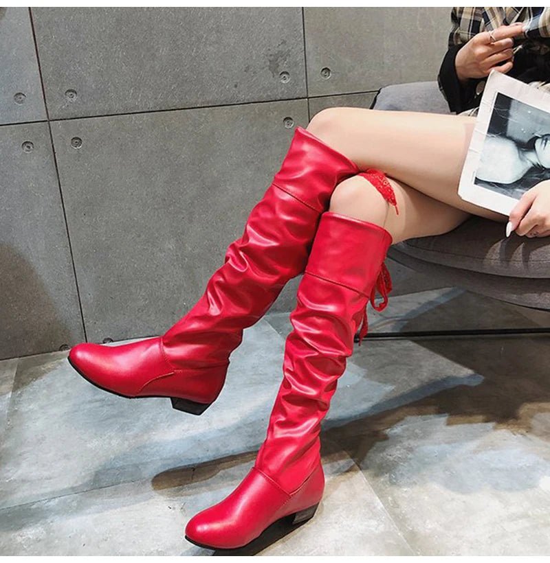 2023Shoes For Women Knee High Boots Red Black White Tall Boots Woman Pleated Low Heel Casual Leather Female Long Shoes - The Shack