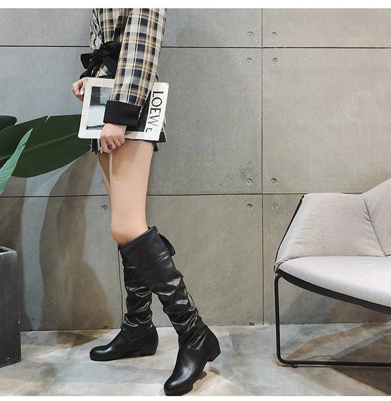 2023Shoes For Women Knee High Boots Red Black White Tall Boots Woman Pleated Low Heel Casual Leather Female Long Shoes - The Shack