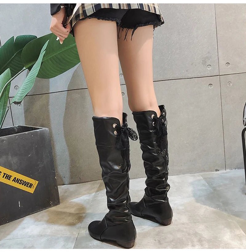 2023Shoes For Women Knee High Boots Red Black White Tall Boots Woman Pleated Low Heel Casual Leather Female Long Shoes - The Shack