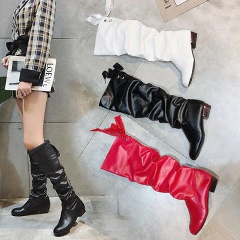 2023Shoes For Women Knee High Boots Red Black White Tall Boots Woman Pleated Low Heel Casual Leather Female Long Shoes - The Shack