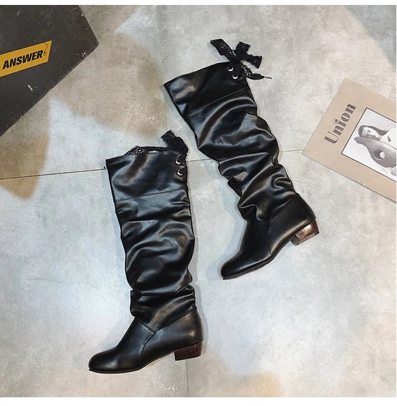 2023Shoes For Women Knee High Boots Red Black White Tall Boots Woman Pleated Low Heel Casual Leather Female Long Shoes - The Shack