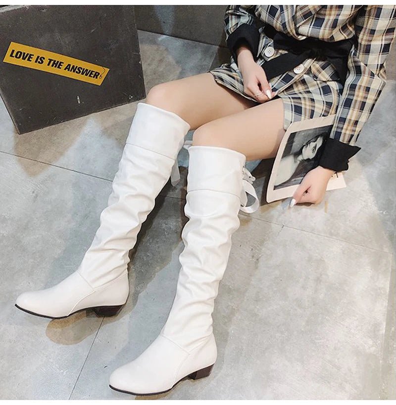 2023Shoes For Women Knee High Boots Red Black White Tall Boots Woman Pleated Low Heel Casual Leather Female Long Shoes - The Shack