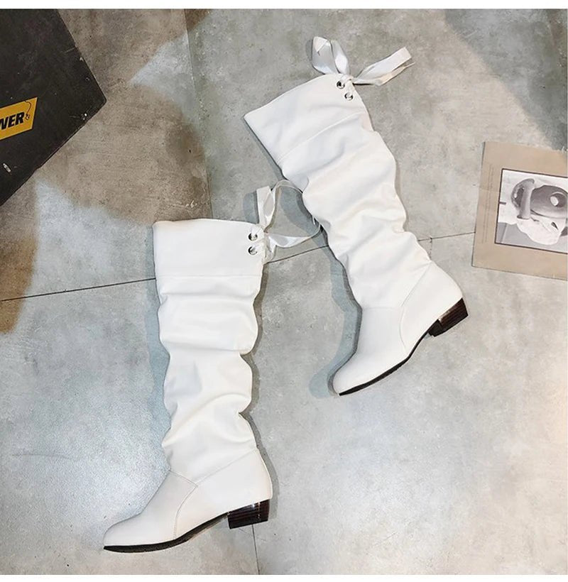 2023Shoes For Women Knee High Boots Red Black White Tall Boots Woman Pleated Low Heel Casual Leather Female Long Shoes - The Shack