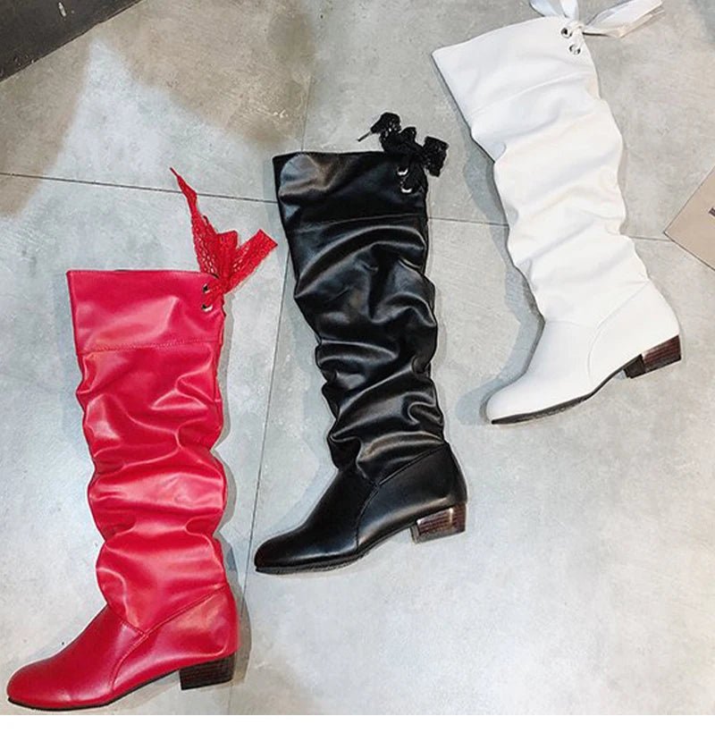 2023Shoes For Women Knee High Boots Red Black White Tall Boots Woman Pleated Low Heel Casual Leather Female Long Shoes - The Shack