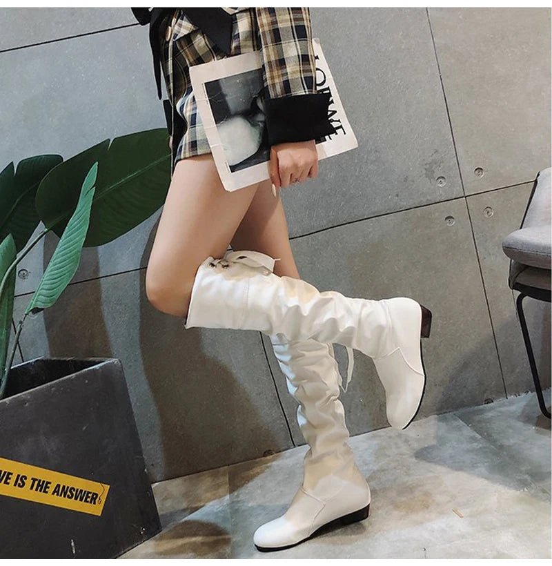 2023Shoes For Women Knee High Boots Red Black White Tall Boots Woman Pleated Low Heel Casual Leather Female Long Shoes - The Shack