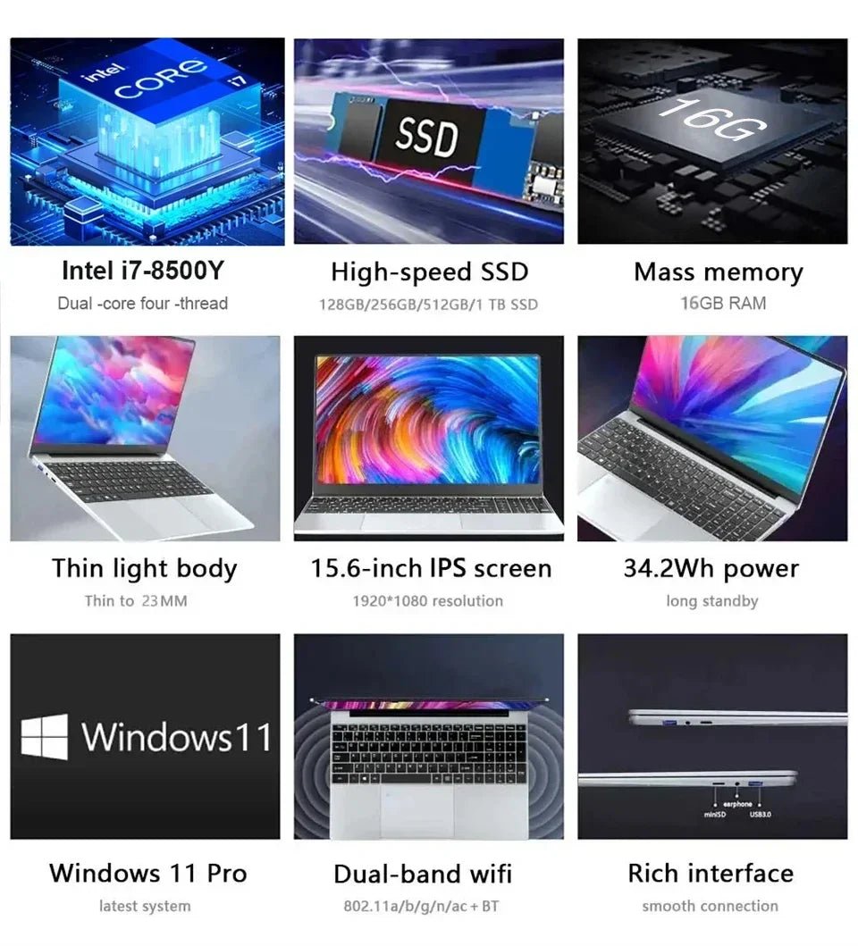 2025 laptop 15.6 Inch Laptop Windows 11 Intel Core i7 8500Y 16GB RAM 1TB SSD Fingerprint Unlock Study Office Pc Laptops - The Shack