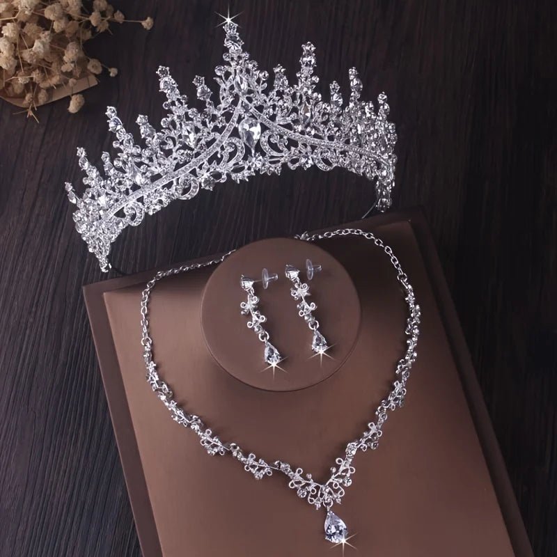 3 Pcs Luxury Silver Color Crystal Water Drop Bridal Jewelry Set Rhinestone Tiara Crown Necklace Earring Set Bridal Wedding Jewel - The Shack