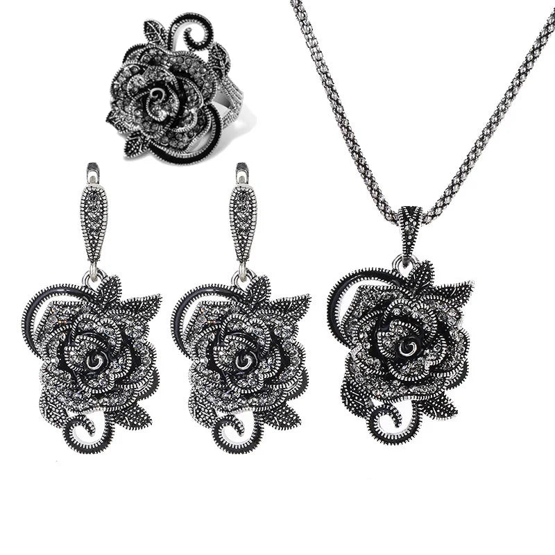 Ajojewel Black Crystal Rhinestone Rose Flower Jewelry Sets For Women Luxury Vintage Necklace Ring Earrings Set Creative Gift - The Shack
