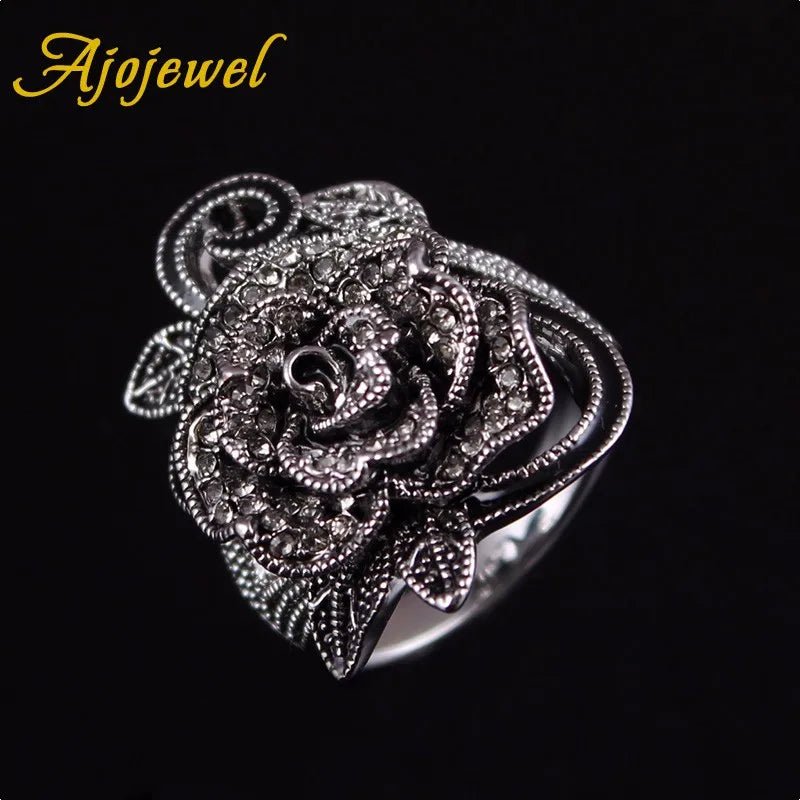 Ajojewel Black Crystal Rhinestone Rose Flower Jewelry Sets For Women Luxury Vintage Necklace Ring Earrings Set Creative Gift - The Shack