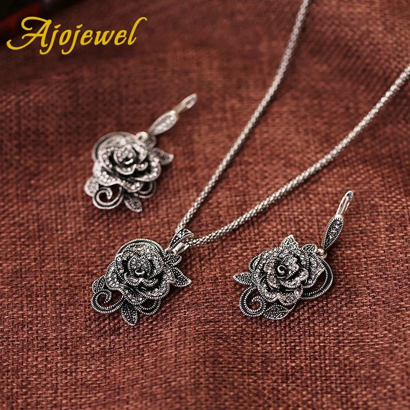 Ajojewel Black Crystal Rhinestone Rose Flower Jewelry Sets For Women Luxury Vintage Necklace Ring Earrings Set Creative Gift - The Shack