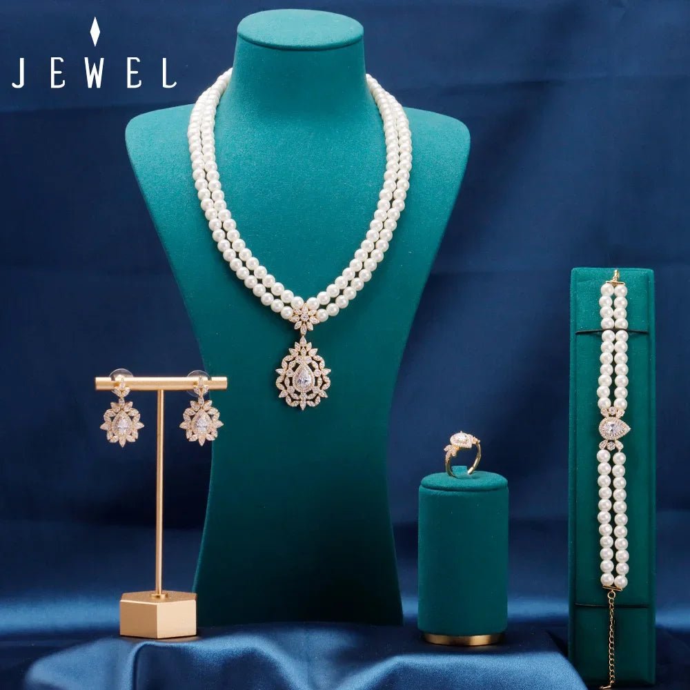 Jewel Sparkling Zircon & Jewelry Set in 18K Gold | Matching Necklace, Earrings & Ring - Luxury Accessory for Galas/Weddings/Gift - The Shack