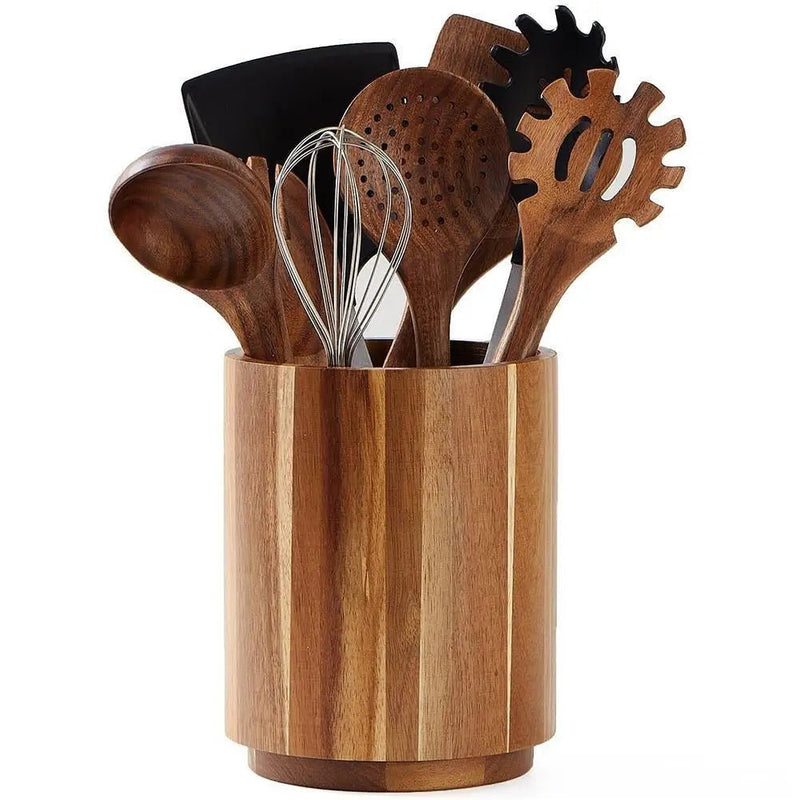 Kitchen Counter Cutlery Box Wooden circular Cooking Tool Rack Round Spatula Storage and Sorting Box Storage Bucket - The Shack