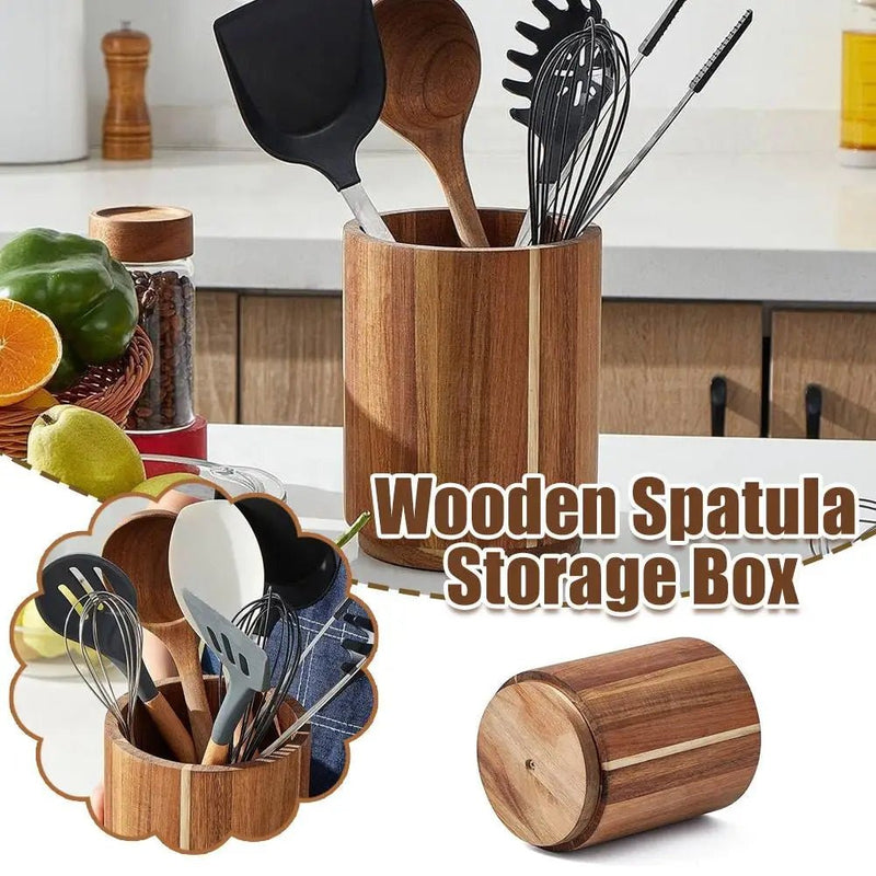 Kitchen Counter Cutlery Box Wooden circular Cooking Tool Rack Round Spatula Storage and Sorting Box Storage Bucket - The Shack