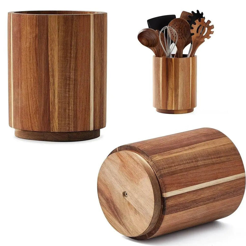 Kitchen Counter Cutlery Box Wooden circular Cooking Tool Rack Round Spatula Storage and Sorting Box Storage Bucket - The Shack