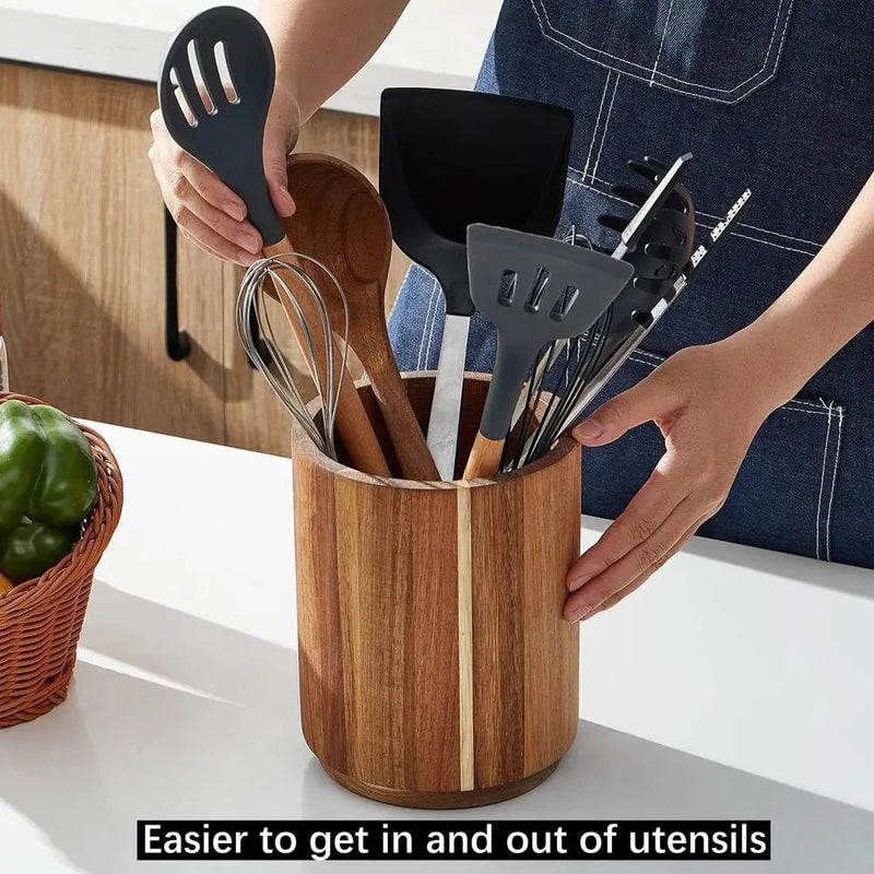 Kitchen Counter Cutlery Box Wooden circular Cooking Tool Rack Round Spatula Storage and Sorting Box Storage Bucket - The Shack