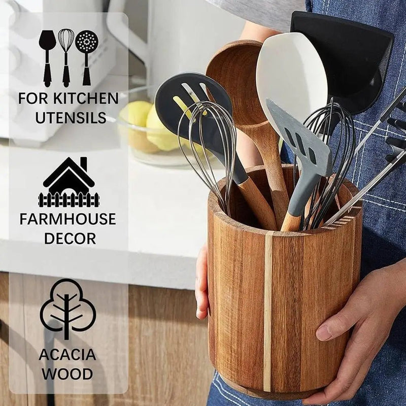 Kitchen Counter Cutlery Box Wooden circular Cooking Tool Rack Round Spatula Storage and Sorting Box Storage Bucket - The Shack