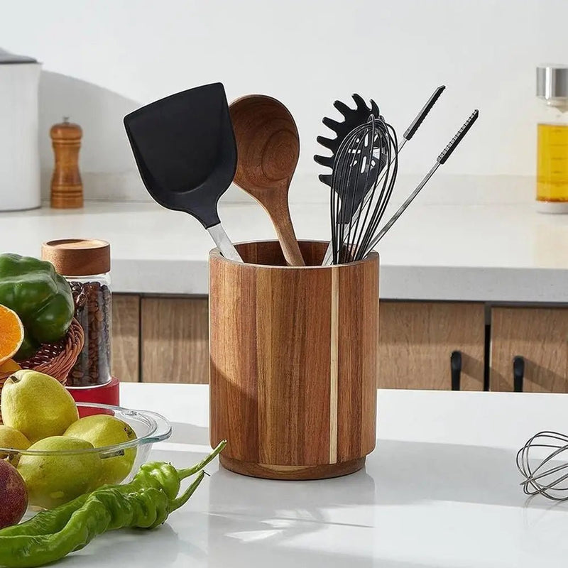 Kitchen Counter Cutlery Box Wooden circular Cooking Tool Rack Round Spatula Storage and Sorting Box Storage Bucket - The Shack