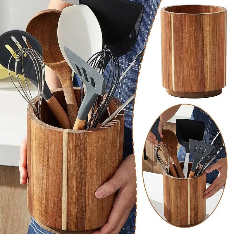 Kitchen Counter Cutlery Box Wooden circular Cooking Tool Rack Round Spatula Storage and Sorting Box Storage Bucket - The Shack
