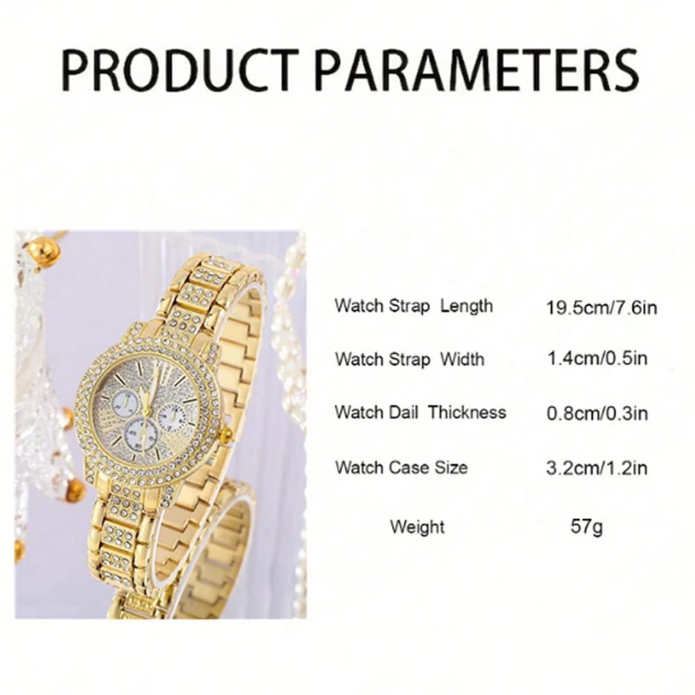 Women's Quartz Watch Gold Luxury Women Ring Necklace Earring Rhinestone Fashion Wristwatch Casual Ladies Watches Jewelry Set ﻿ - The Shack